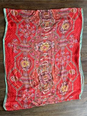 Oilily Red Floral Infinity Scarf with Mint Trim